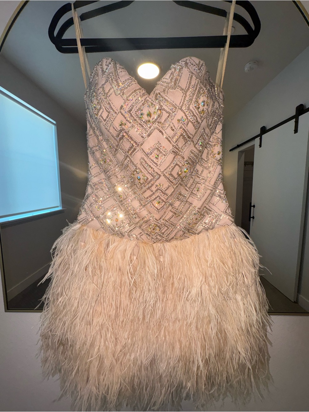 Source Unknown Blush Sequin Embellished Strapless Feather Mini Dress - Picture 4 of 16